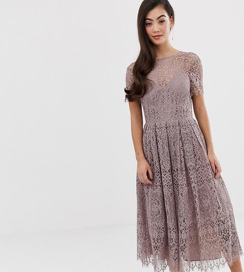 Asos Design Petite - Vestito Midi In Pizzo Con Apertura Sul Retro E Fiocco A Nastro - Beige