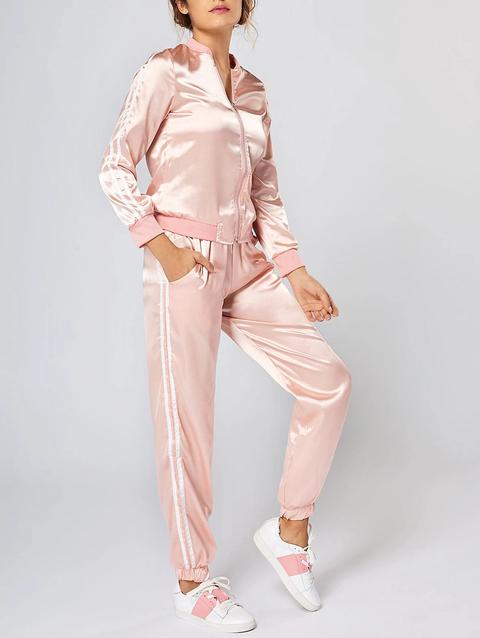 Striped Zippered Two Piece Tracksuit - Pink - S