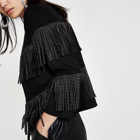 Black Faux Suede Fringe Studded Jacket