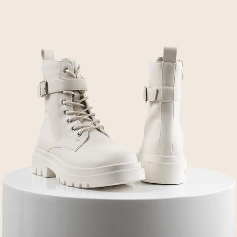 Buckle Decor Lace-up Front Combat Boots