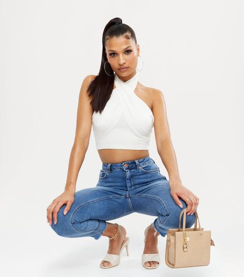 Na-kd White Crossover Halterneck Crop Top New Look