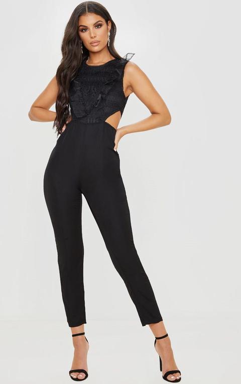 Black Mesh Shoulder Cut Out Detail Jumpsuit