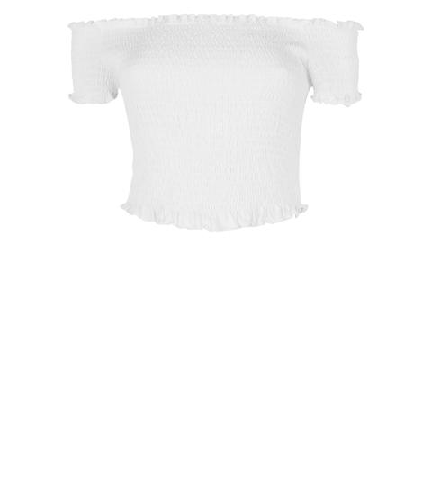 White Shirred Frill Trim Bardot Top New Look