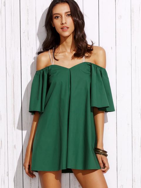 Vestido Cruzado Hombros Descubiertos Manga Acampanada Verde