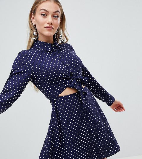 Minivestido Camisero De Manga Larga Con Lunares Y Anudado En La Parte Delantera De Asos Design Petite