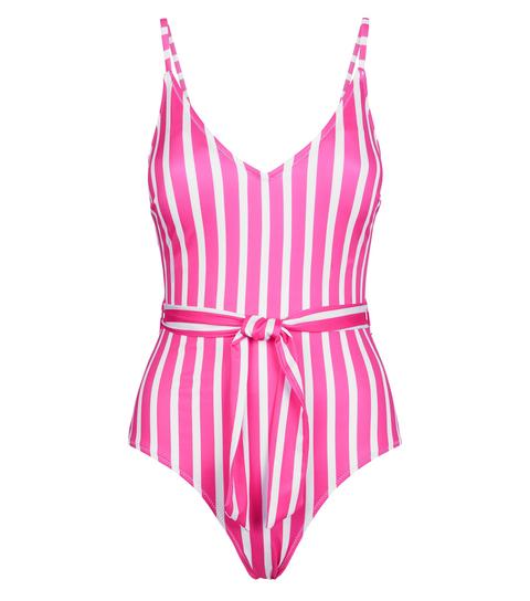 Pink Stripe Belted Swimsuit New Look