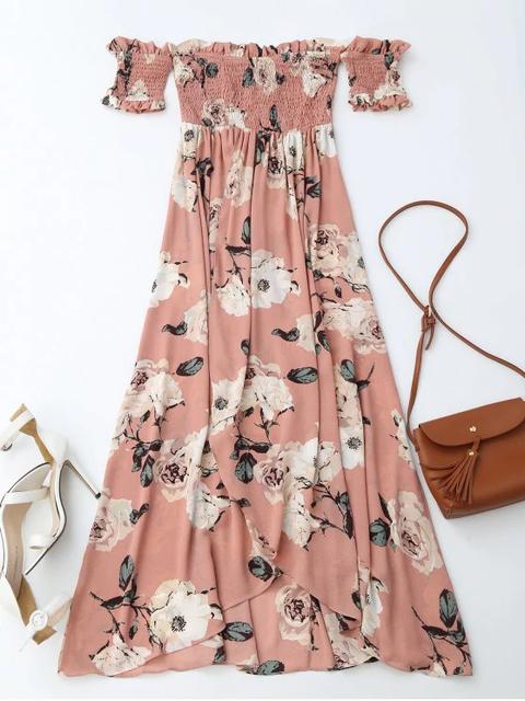 Maxi Vestido Floral Corrugado Fuera Del Hombro Con Abertura Pink