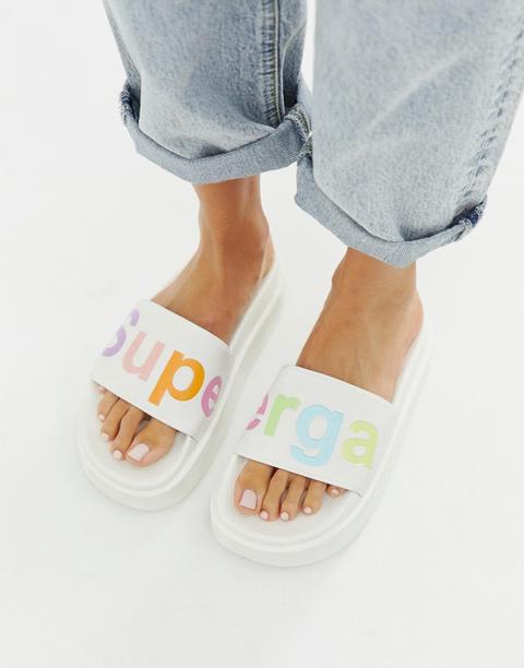 Sandalias Blancas Con Plataforma Plana Y Logo Multicolor De Superga-blanco