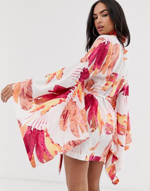 Asos Design - Kimono De Plage À Manches Exagérées Et Imprimé Palmier Rayon De Soleil - Multi