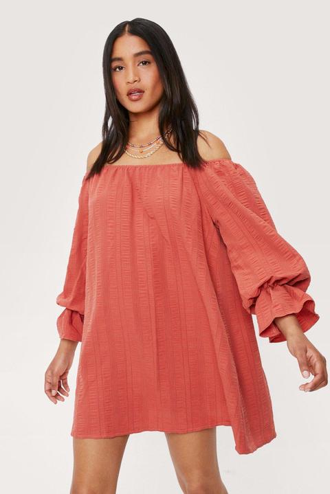 Womens Textured Off The Shoulder Mini Smock Dress