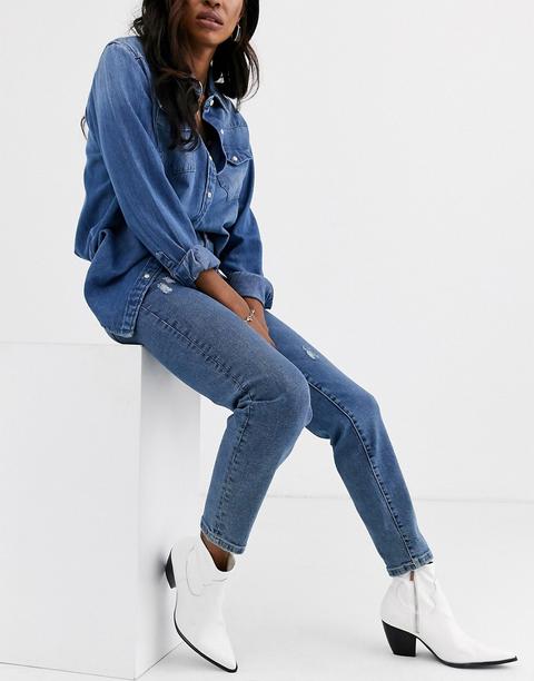 Stradivarius Mom Jean With Stretch In Mid Wash-blue
