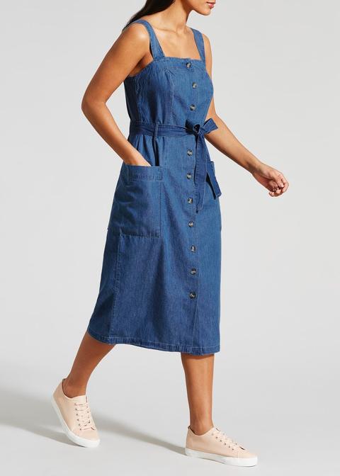 belted denim midi dress