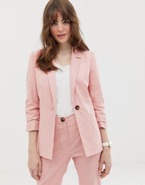 Asos Design Linen Blazer With Ruched Sleeve