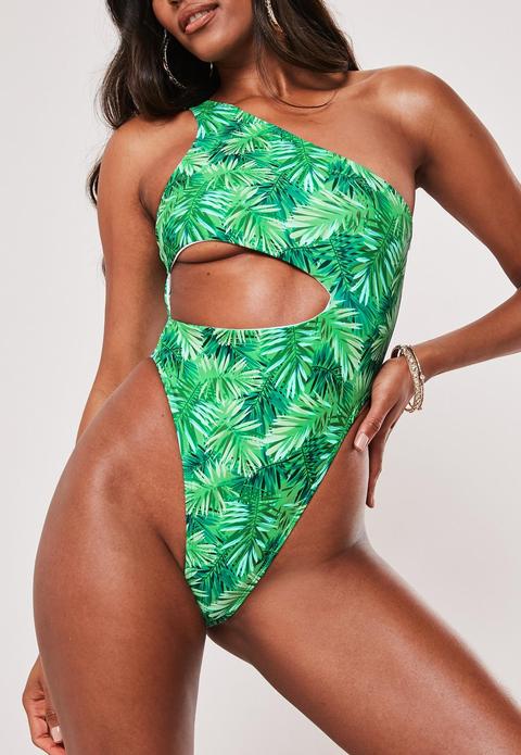 Green Palm Print One Shoulder Cut Out High Leg Swimsuit