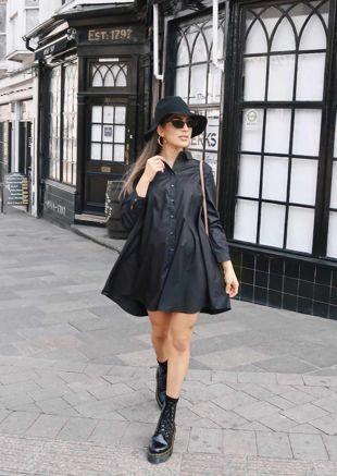 Long Sleeve Button Down Flare Shirt Dress Black