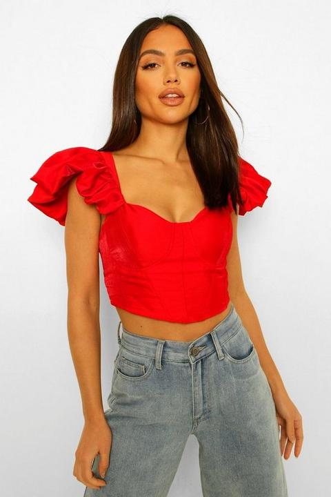 Womens Woven Ruffle Detail Cup Detail Top - Red - 10, Red