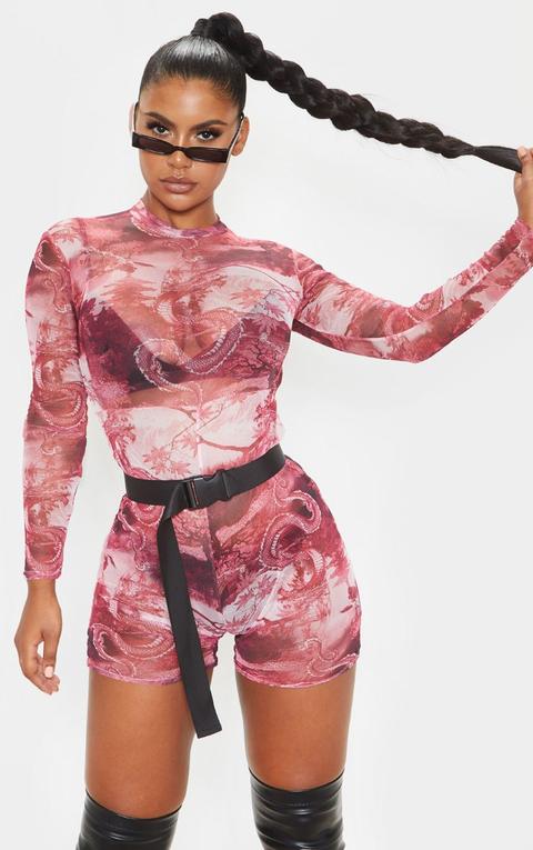 Red Oriental Print Mesh Long Sleeve Unitard