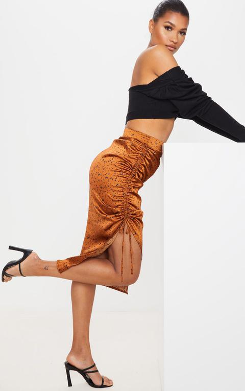Rust Satin Printed Ruched Side Midi Skirt
