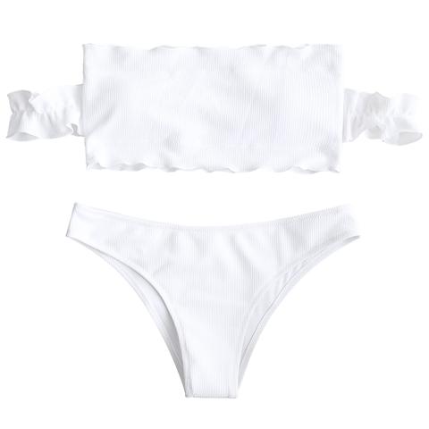 Bikini Con Volant A Costine A Spalle Scoperte White Army Green Red Wine Ginger