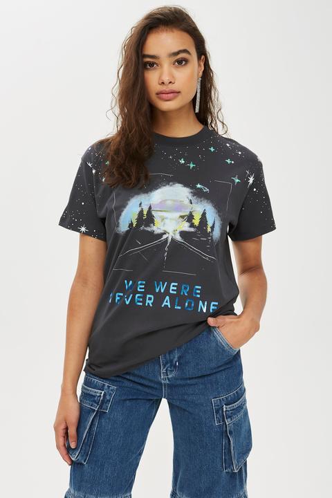 Womens Never Alone Ufo T-shirt By Tee & Cake - Washed Black, Washed Black