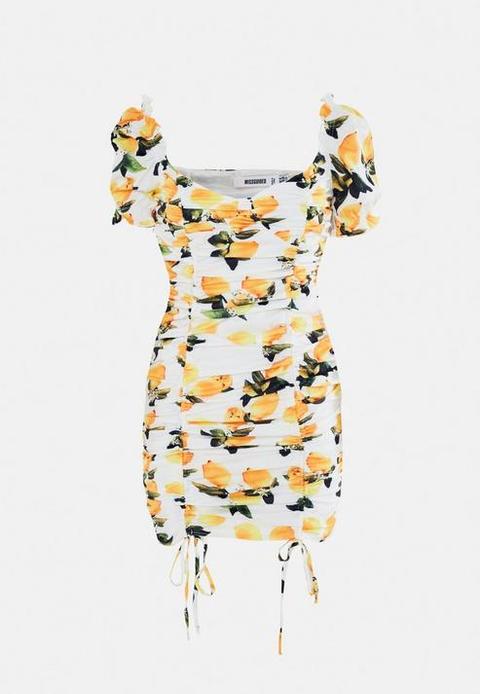 White Lemon Print Ruched Milkmaid Dress, White