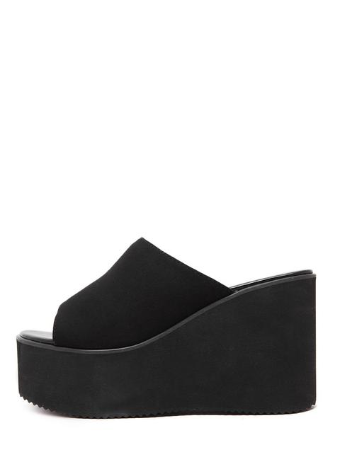 Zapatillas De Cuña Peep Toe Faux Suede - Negro