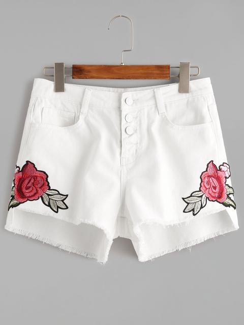 Shorts In Denim Asimmetrici Con Fiore Ricamato Con Bottoni Bianco