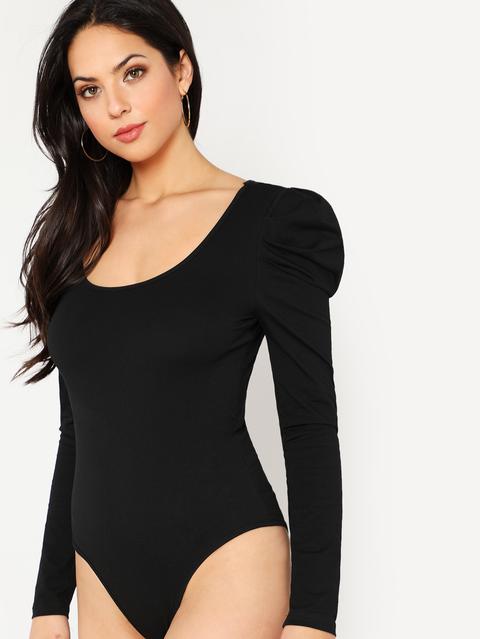 Scoop Neck Puff Sleeve Solid Bodysuit