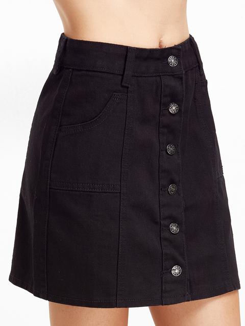 Black Single Breasted Pockets A Line Skirt