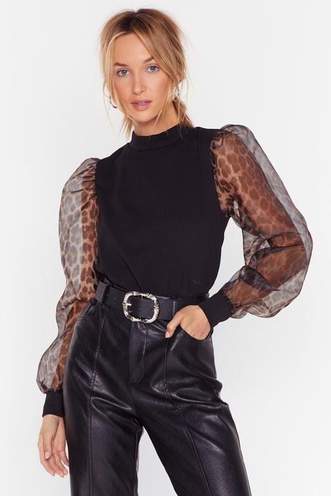 Womens Be Wild There Organza Sleeve Leopard Top