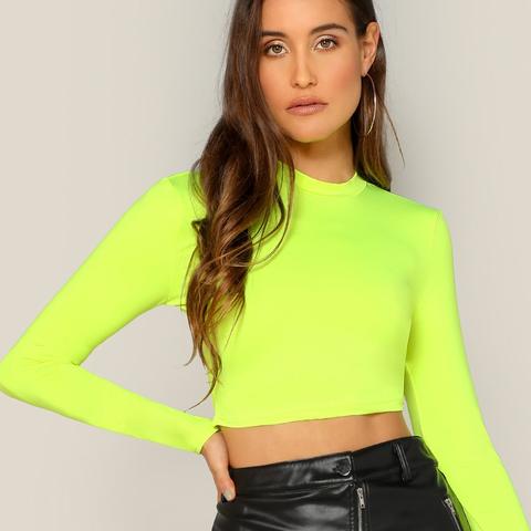 Top Aderente Verde Neon Con Collo Dritto