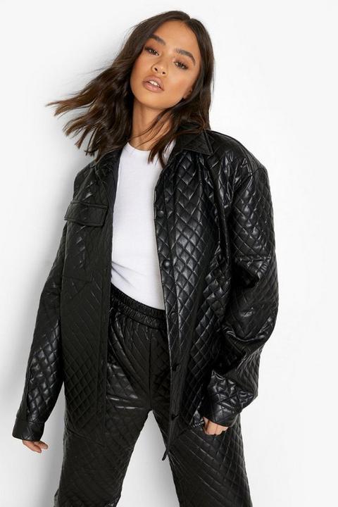 Womens Quilted Leather Look Oversized Shacket - Black - 12, Black