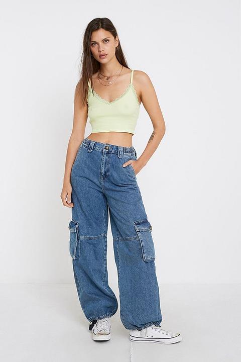 Uo Lace Trim Crop V-neck Vest - Green S At Urban Outfitters