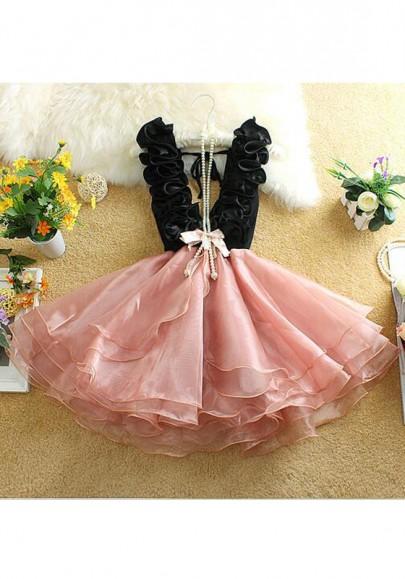 Mini Vestido Volantes De Terciopelo Con Gradas Elegantes Rosa