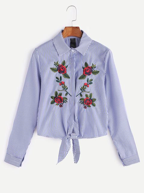 Camisa Bordada Flor Rayada Azul