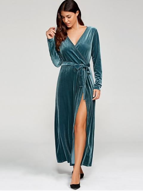 Belted Velvet Robe Long Dress With Sleeves