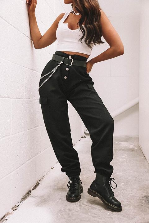 Black Popper Front Cuffed Utility Trousers
