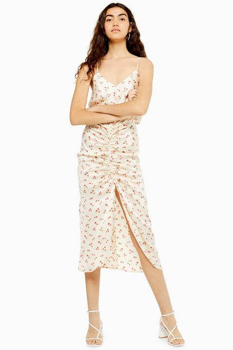 Womens Ditsy Ruched Satin Midi Dress - Ivory, Ivory
