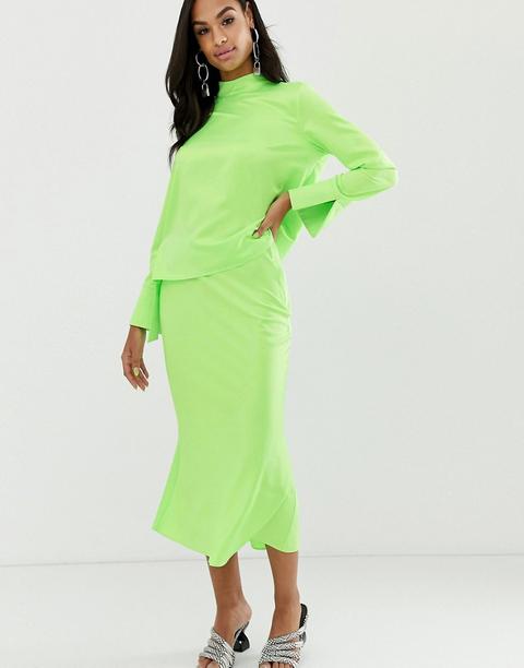 Asos Design - Gonna Midi In Raso Con Taglio In Sbieco Fluo - Verde