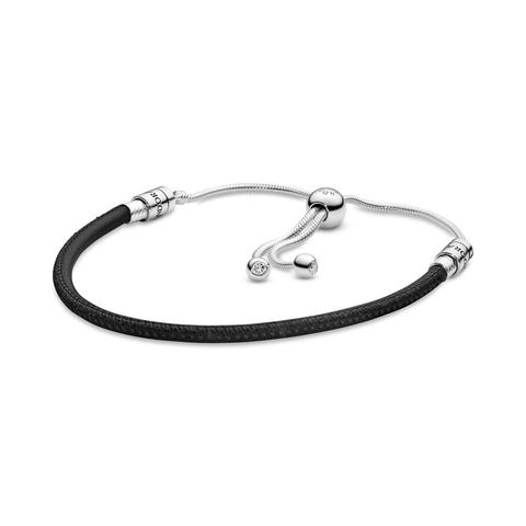 Pandora Moments Black Leather Slider Bracelet - Sterling Silver / Clear