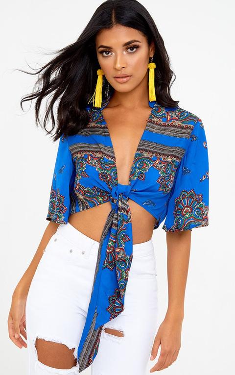 Blue Silky Paisley Flare Sleeve Tie Front Blouse