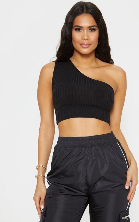 Basic Black One Shoulder Sleeveless Rib Crop Top, Black