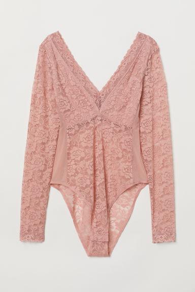 H & M - Body De Encaje Manga Larga - Rosa