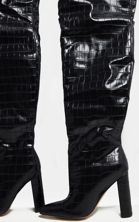 Black Thigh High Point Block Heel Boot