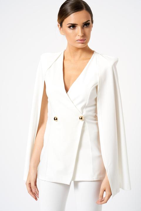 white cape button detail blazer dress