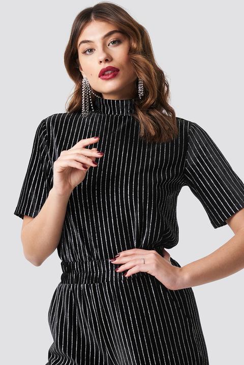 Na-kd Party Striped Glittery Velvet Top - Black