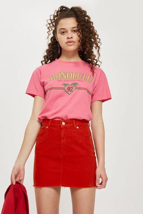 womens red denim skirt