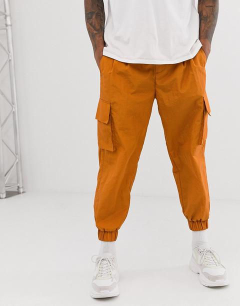 Asos White Tapered Joggers In Rust Nylon With Cargo Pockets-brown