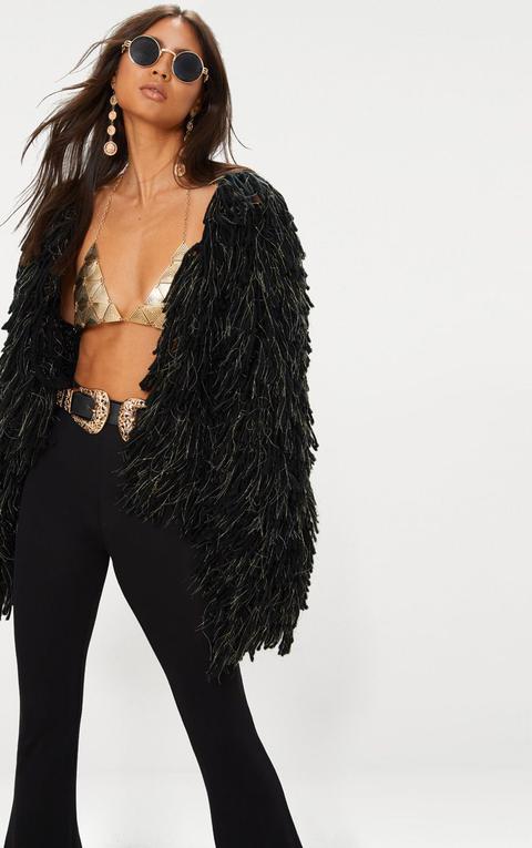 Black Shaggy Textured Glitter Knit Cropped Cardigan