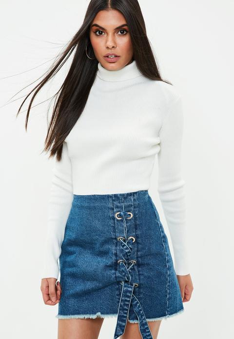 Blue Chunky Eyelet Lace Up Side Denim Skirt